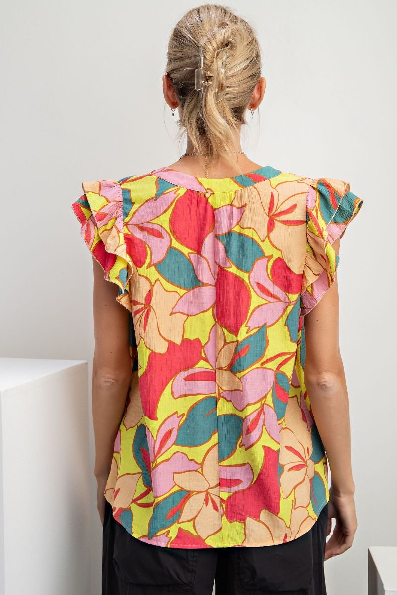 Easel Plus Printed Peach Blossom Double Ruffle Cap Sleeve Tops