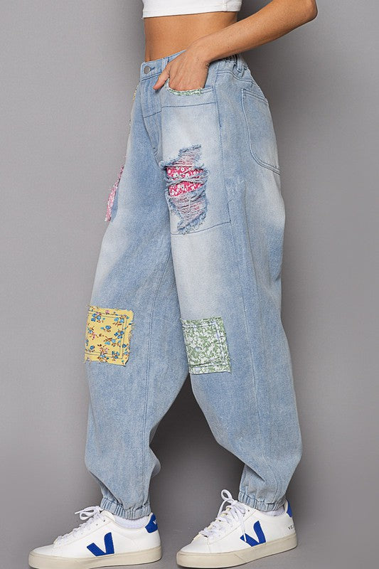 POL Denim Patched Elastic Waist Cotton Jogger Pants - Roulhac Fashion Boutique