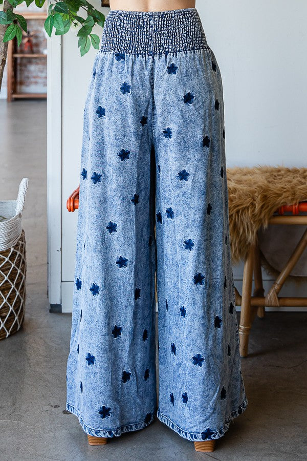 Oli & Hali Washed Embroidered Wide Leg Pants