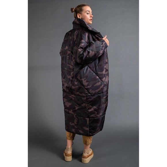 Easel Camouflage Printed Oversized Maxi Padding Full Zip Puffer Jacket - Roulhac Fashion Boutique