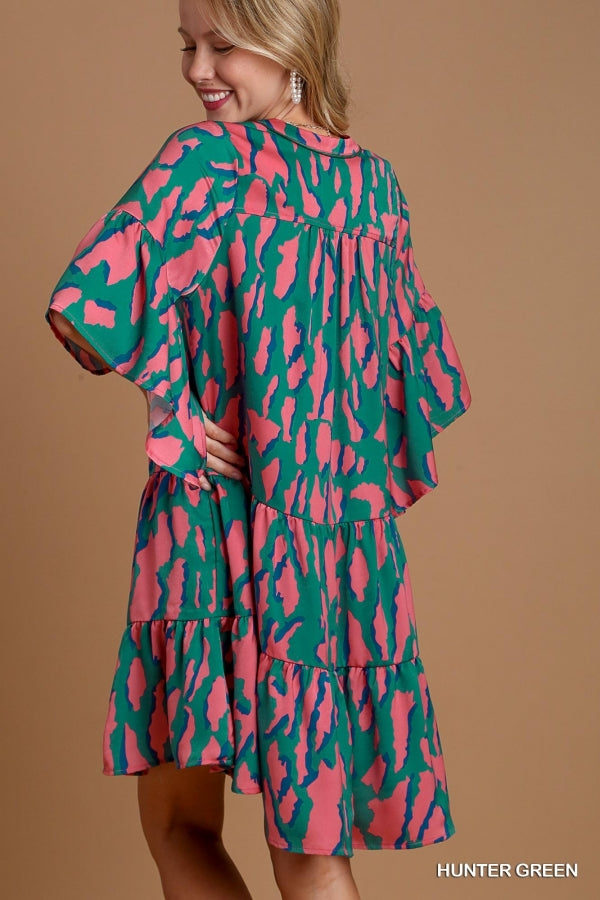 Umgee Hunter Green V-Notched Animal Print Tiered Dress - Roulhac Fashion Boutique