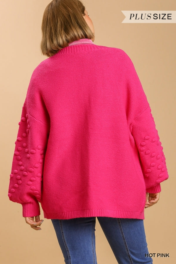 Umgee Plus Size Hot Pink Open Front Pom Pom Sweater - Roulhac Fashion Boutique