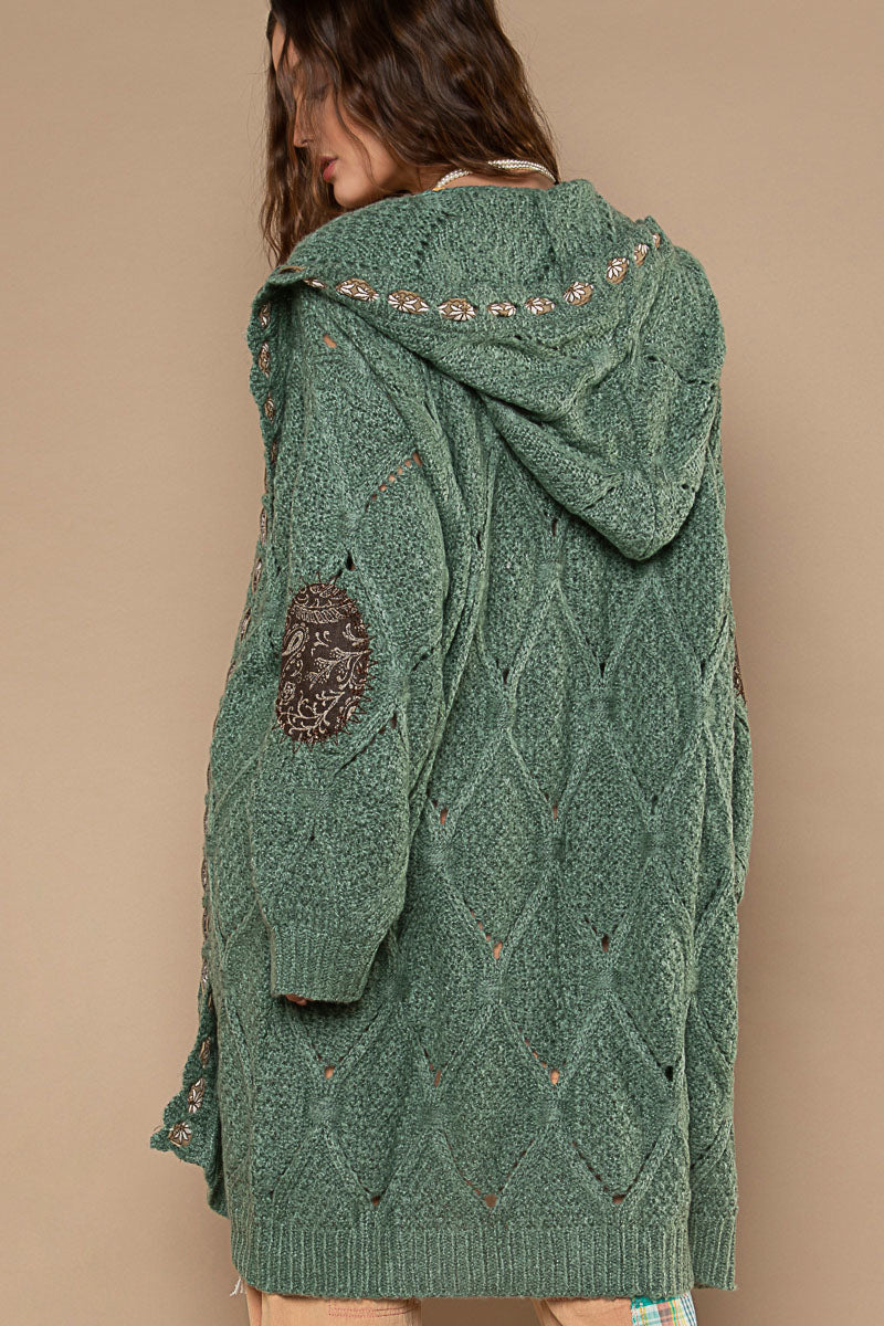 POL Mugwort Green Embroidered Tape Open Front Hooded Cardigan - Roulhac Fashion Boutique