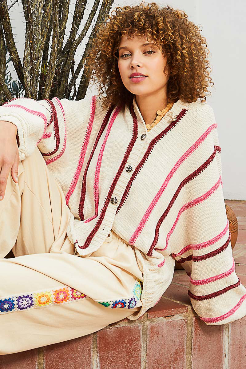 POL Powder Almond Hooded Contrast Button Down Stitched Rib Band Cardigan Sweater - Roulhac Fashion Boutique