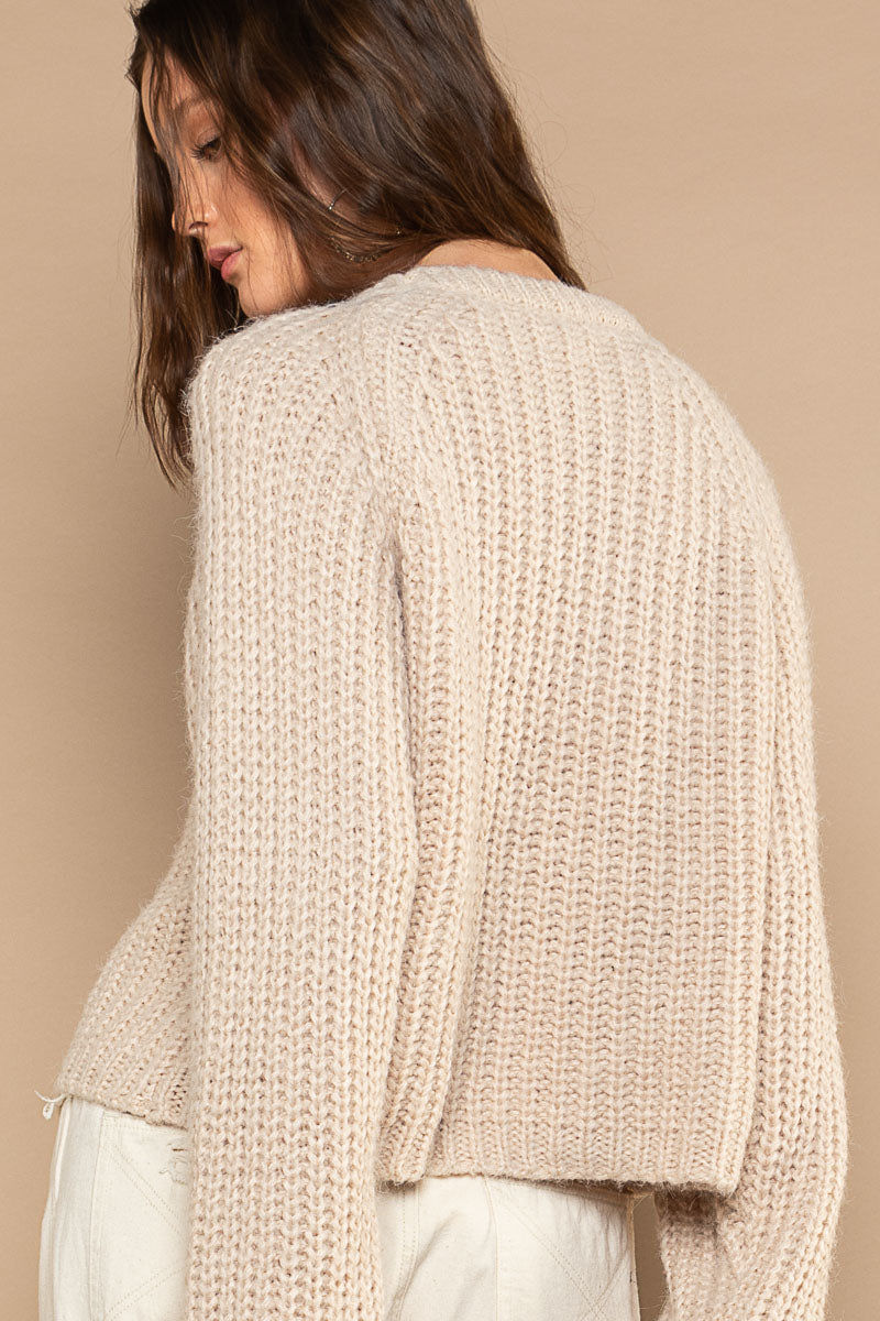 POL Toasted Almond Tacked Long Sleeves Round Neck Pullover Sweater - Roulhac Fashion Boutique
