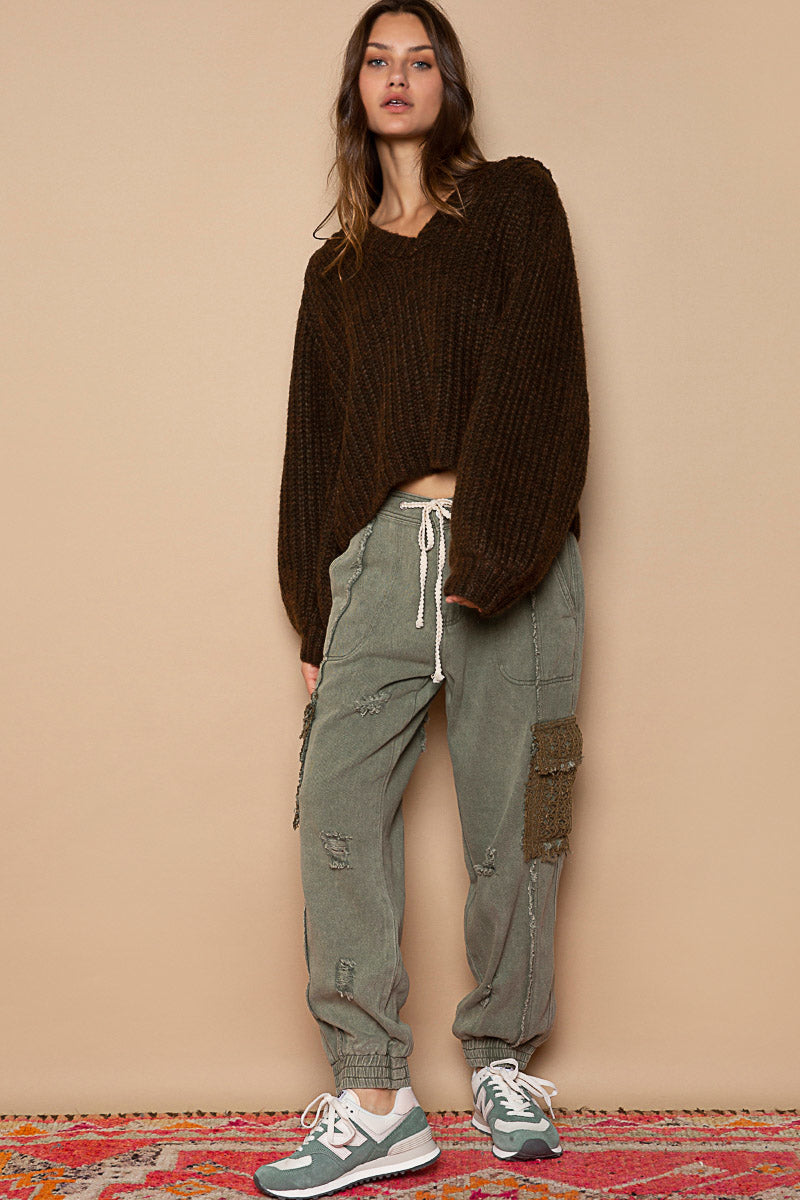 POL Bean Brown V-Neck Balloon Long Sleeves Regular Fit Pullover Sweater - Roulhac Fashion Boutique