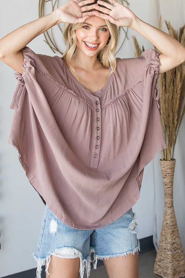 Oli & Hali Mineral Washed Shirred Front Button Down Top