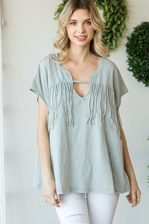 Oli & Hali Mineral Washed Self Fringe Cut Out Neck Top