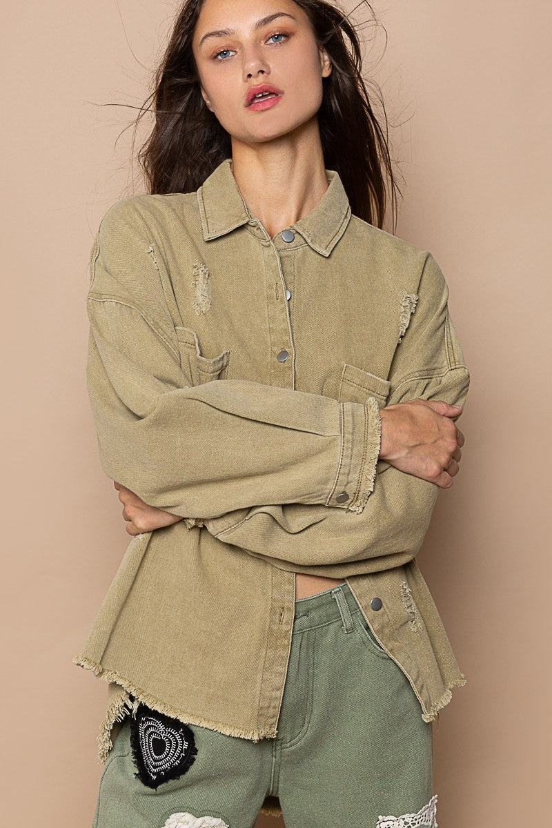 POL Front Pocket Distressed Button Down Twill Shacket Jacket