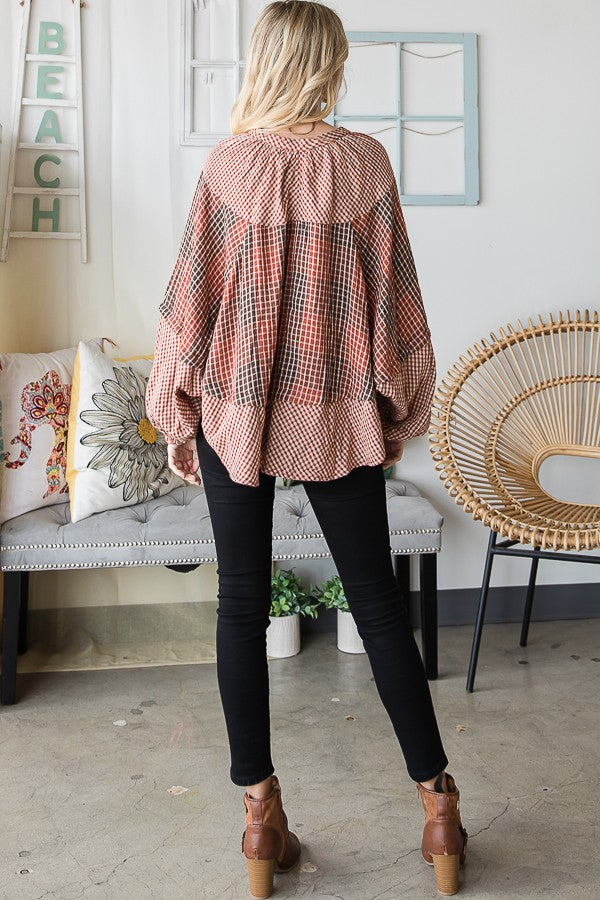 Oli & Hali Plaid Double Gauze Dolman Sleeve Blouse Top