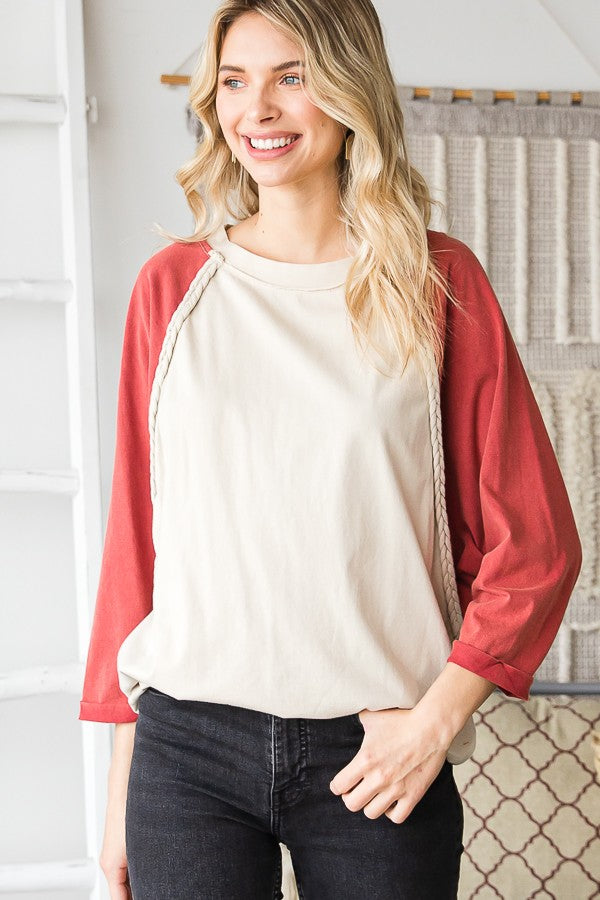 Oli & Hali Mineral Washed Colorblock Braided Trim Top