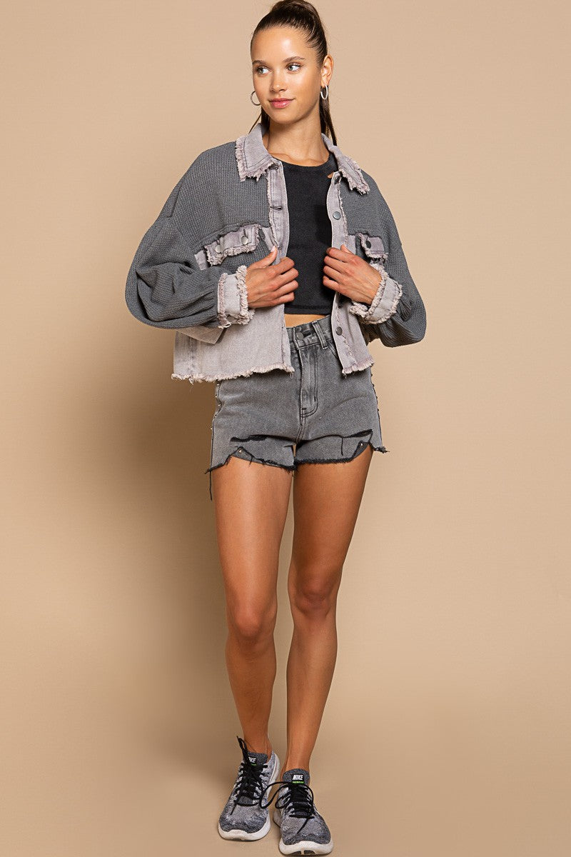 POL Oversize Contrast Twill Button Down Balloon Sleeve Shacket