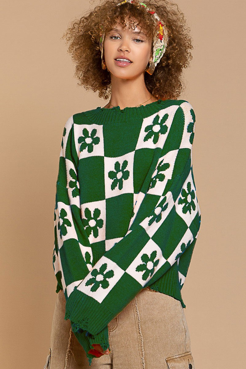 POL Floral Print Check Pattern Pullover Sweater Top