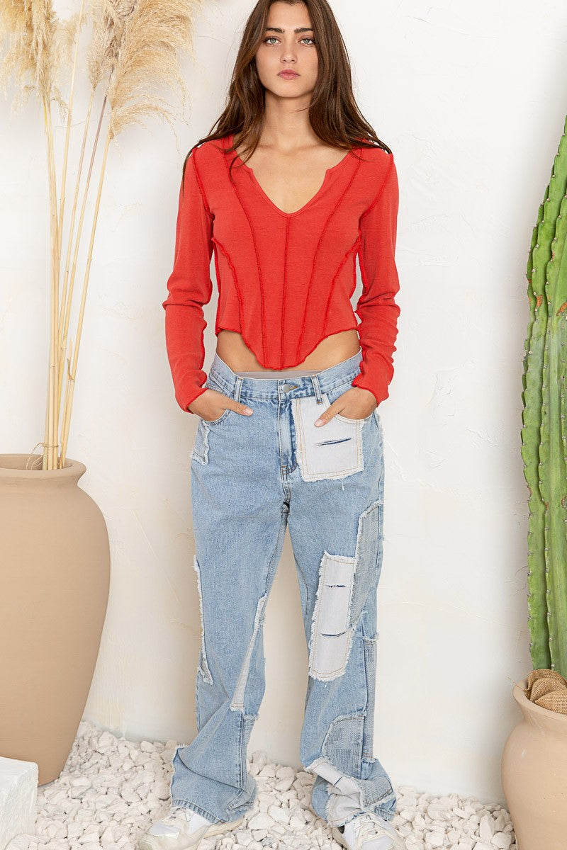 POL Lettuce edge V-neck Long Sleeve Cropped Fit Uneven Hem Knit Top