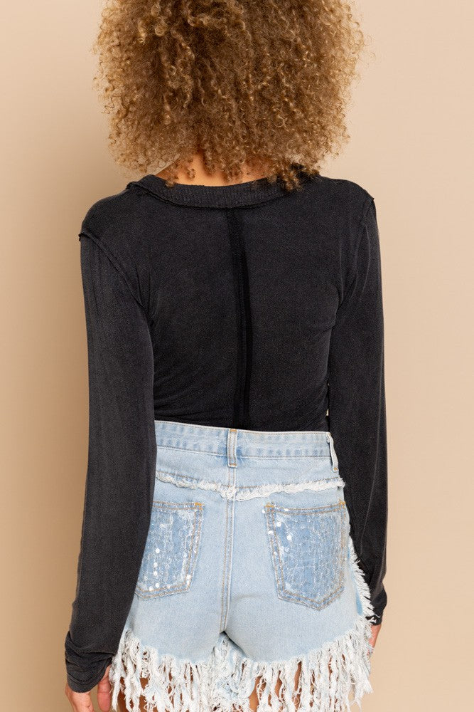 POL Shirring detailed Long Sleeve V-neckline Knit Top