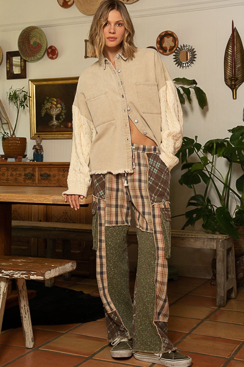 POL Contrast Sweater Sleeve Button Down Shacket