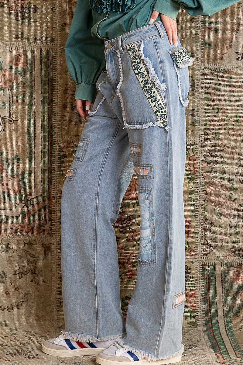 POL Denim Straight Fit Embroidered Patch Detail Back Pocket Twill Pants - Roulhac Fashion Boutique