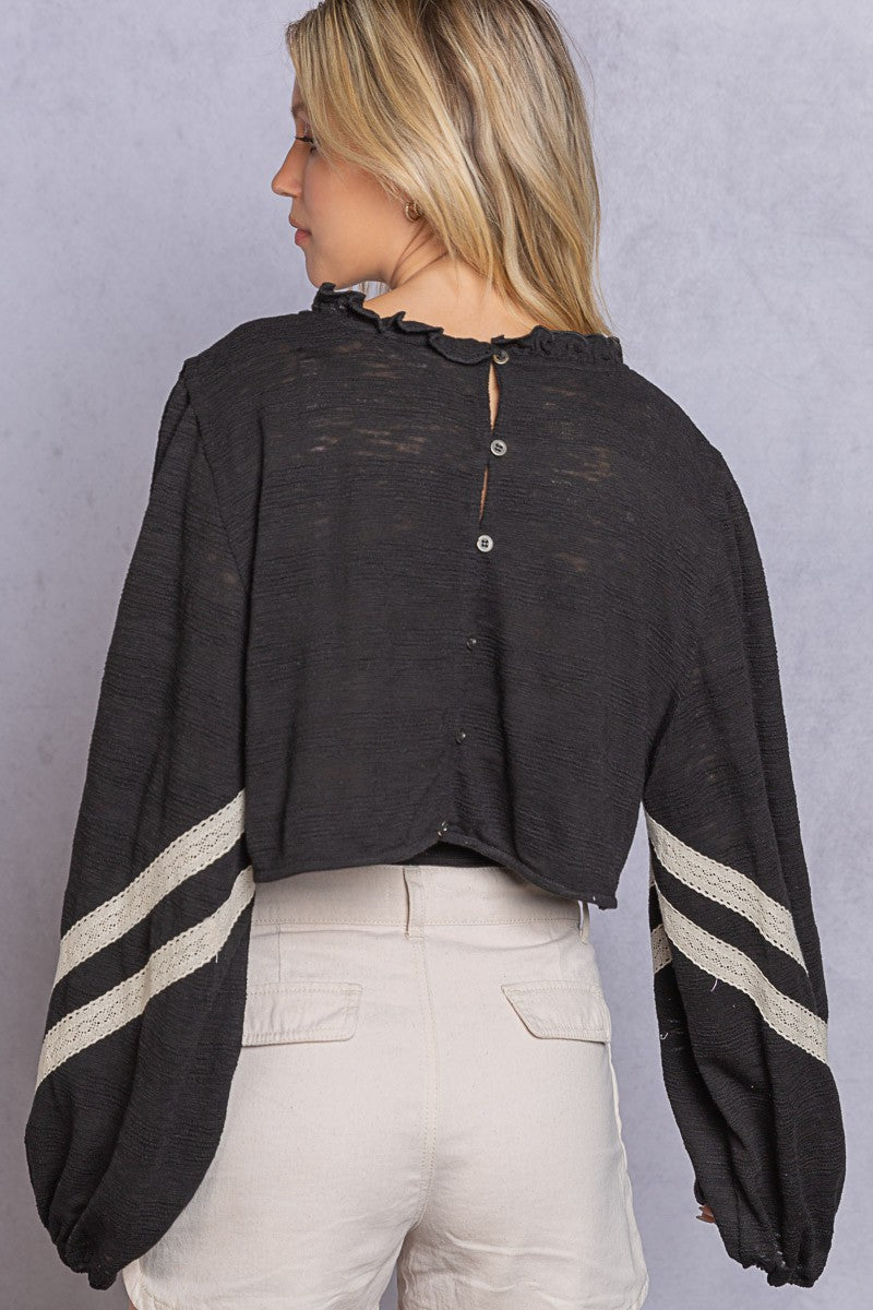 POL Cropped V-neck Crop Length Back Button Down Ruffle Long Sleeve Top