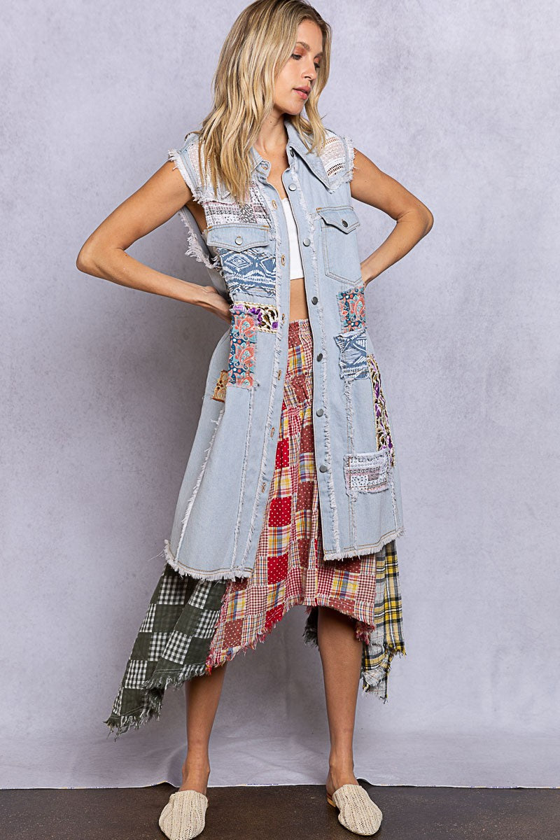 POL Sleeveless Button Down Patch Work Denim Dress Top Jacket - Roulhac Fashion Boutique
