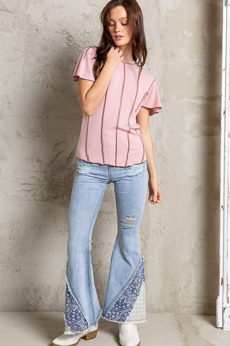 POL Half Sleeves Round Neck Emphasized Stitch Ribbed Knit Top
