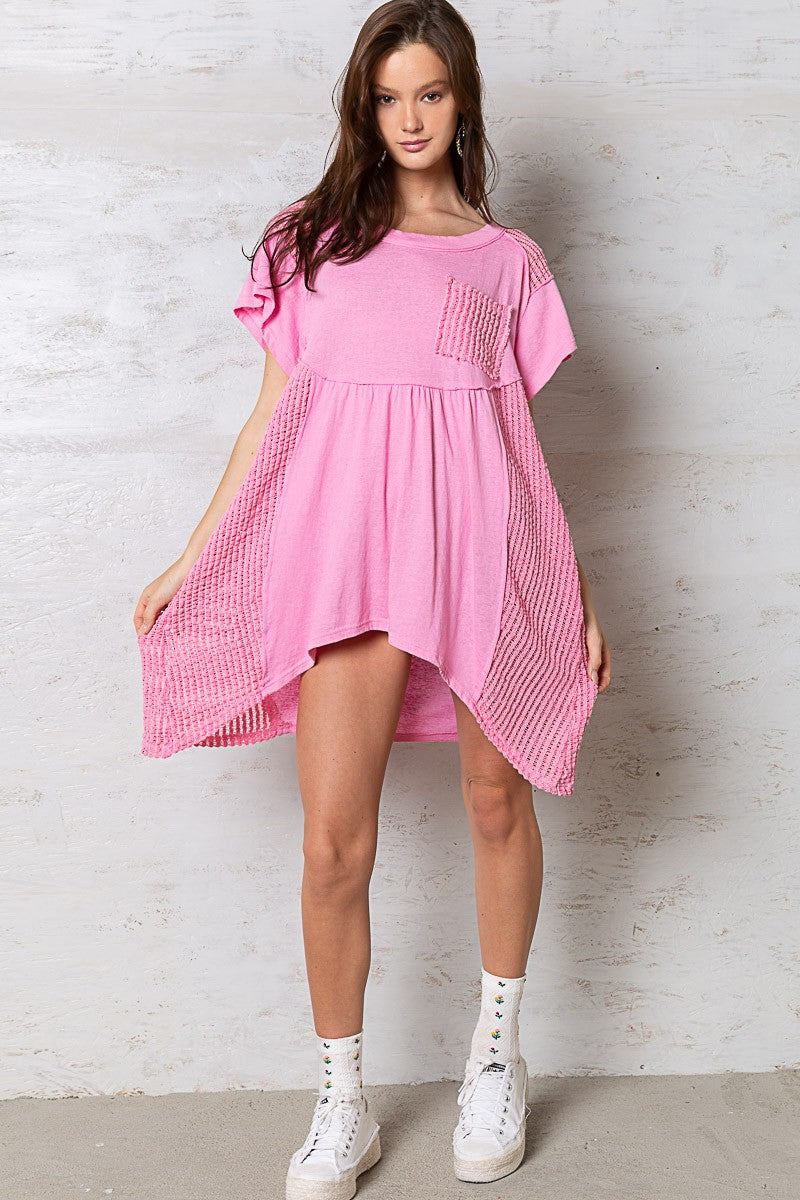 POL Short Sleeve Round Neck Long Shirt Back Eyelet Knit Dress Top