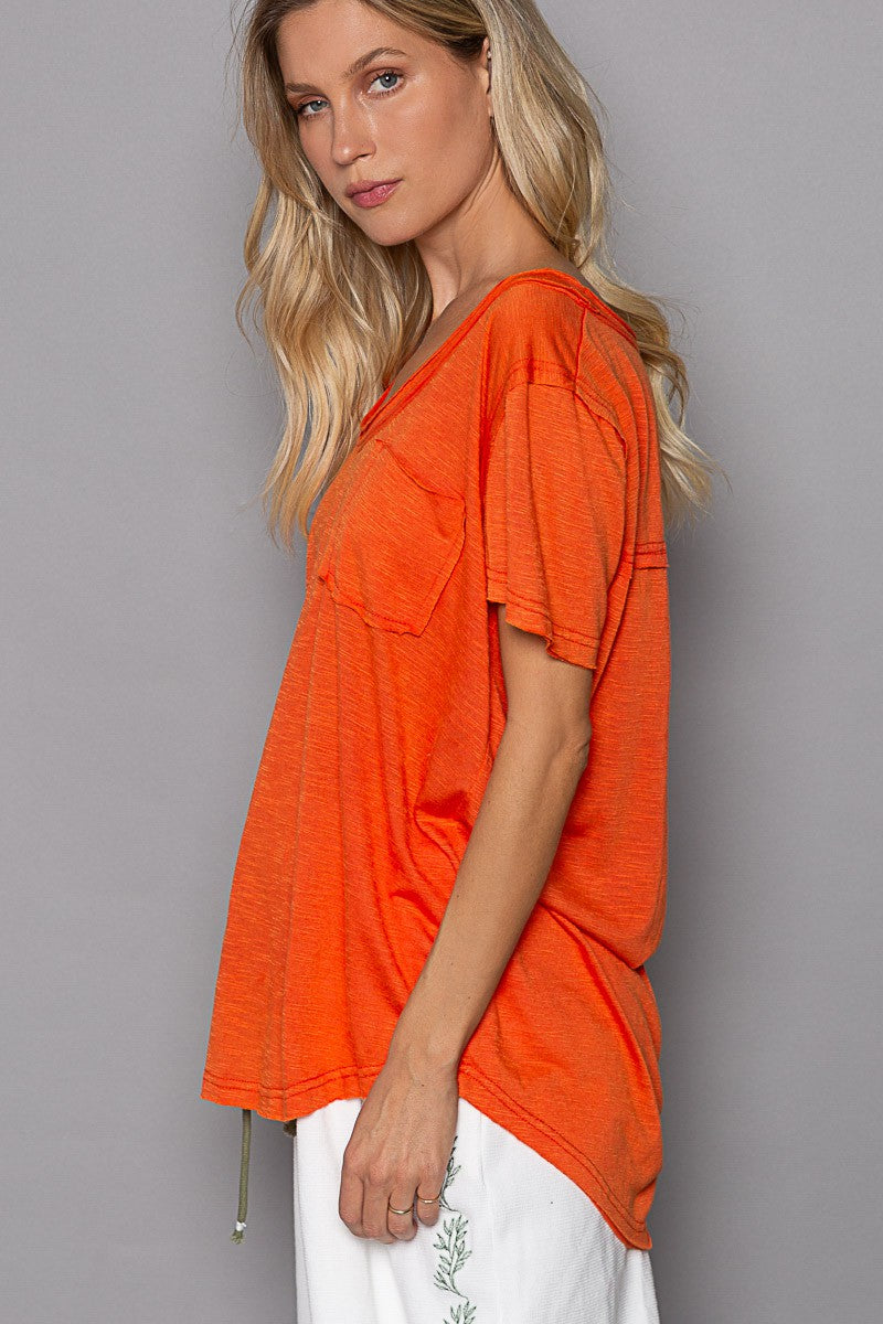 POL Scoop Neck Rayon Slub Pocket Short Sleeve Tee Top