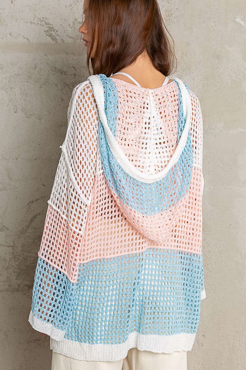 POL Color Block Oversize Open Knit Dumpy Hood Sweater Top
