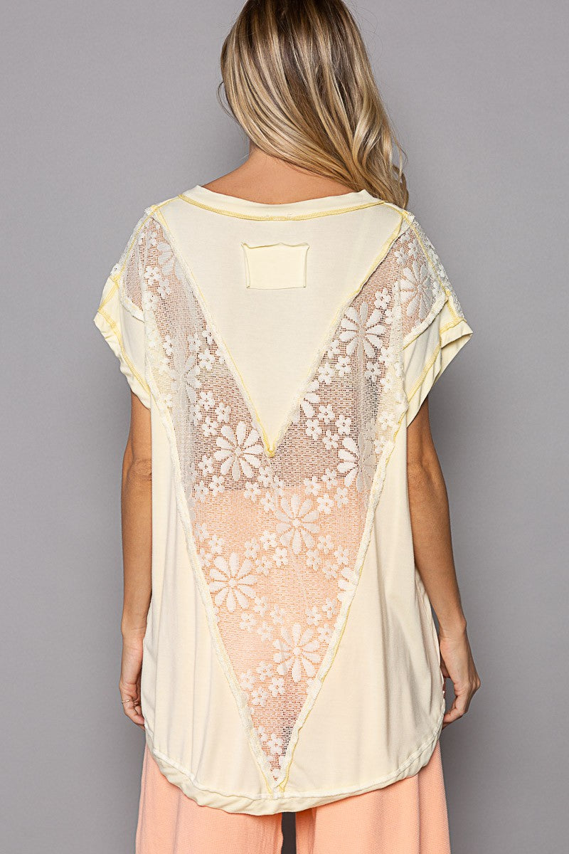 POL Asymetrical Lace Dropped Shoulder Panel V Neck Top