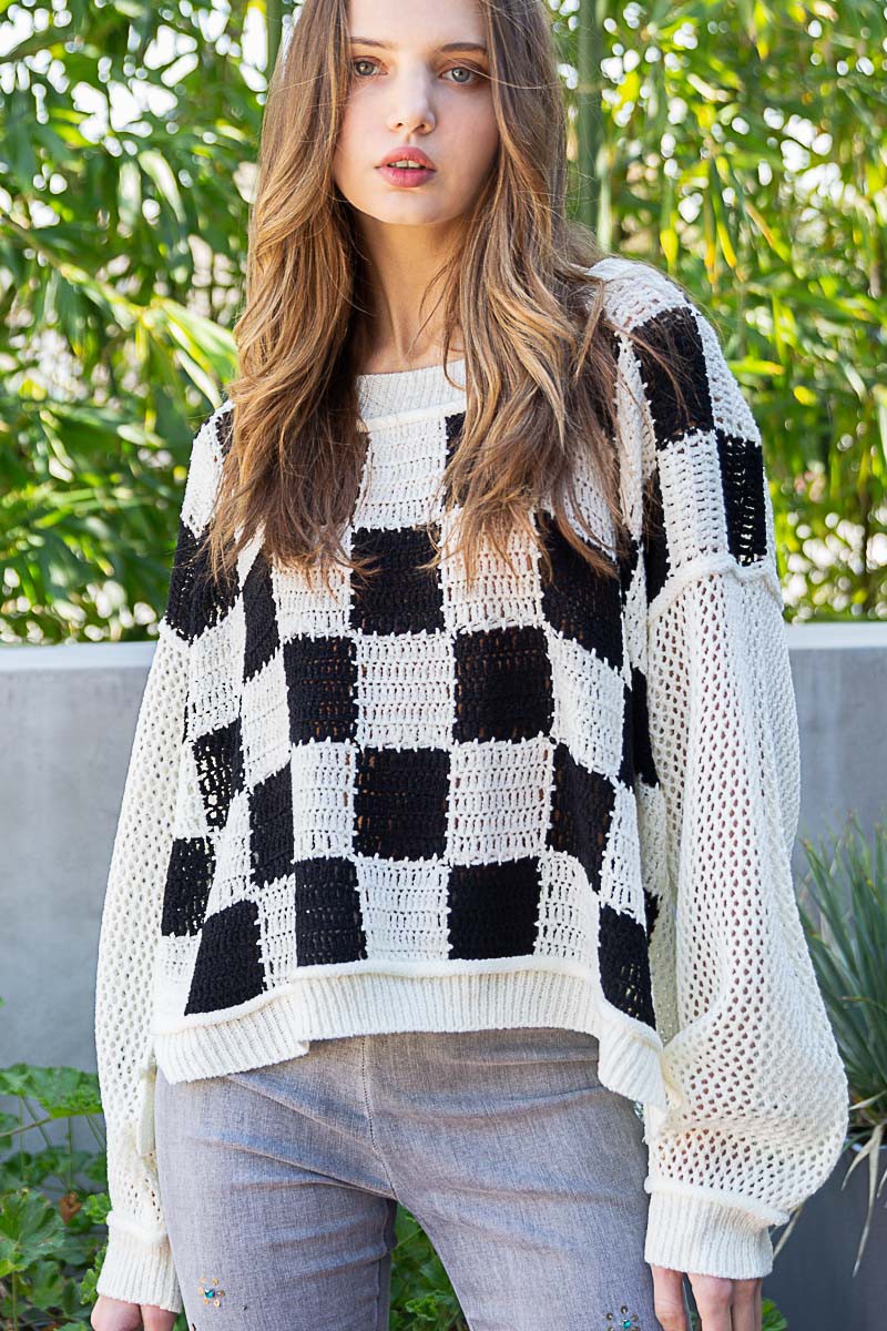 POL Checkered Color Block Contrast Sleeve Sweater Top
