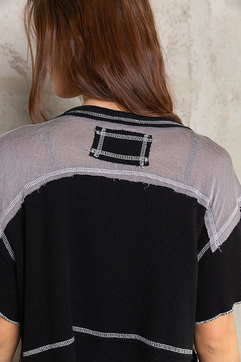 POL Boxy Fit Rib Fabric VNeck Thermal Short Sleeve Frayed Edge Top - Roulhac Fashion Boutique