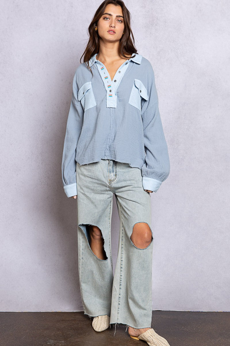 POL Color Stitch Relaxed Fit Front Pocket Long Sleeve Top