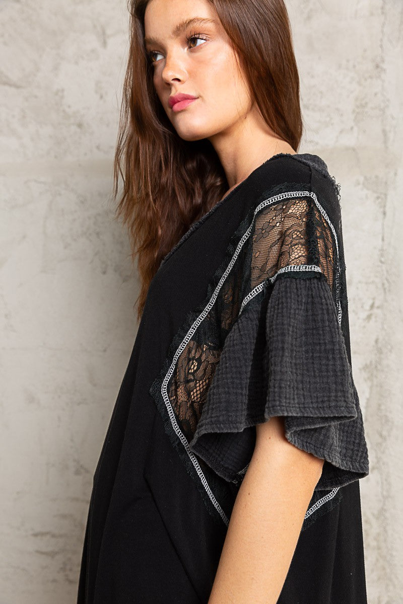 POL Relaxed Fit Ruffle Lace Mix Knit Short Sleeve V-Neck Jersey Top - Roulhac Fashion Boutique