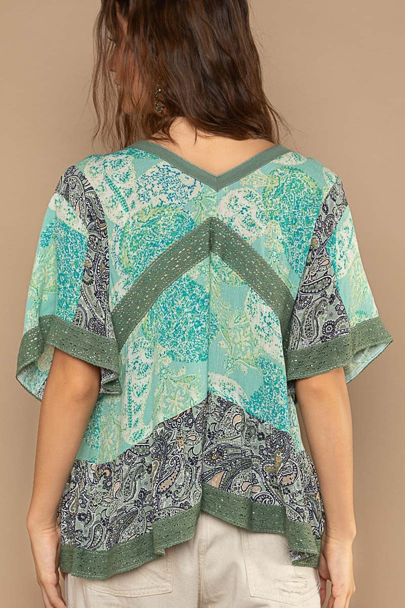 POL Multi print mixed Vneck Half Sleeves Woven eyelet tape colored trim Top - Roulhac Fashion Boutique