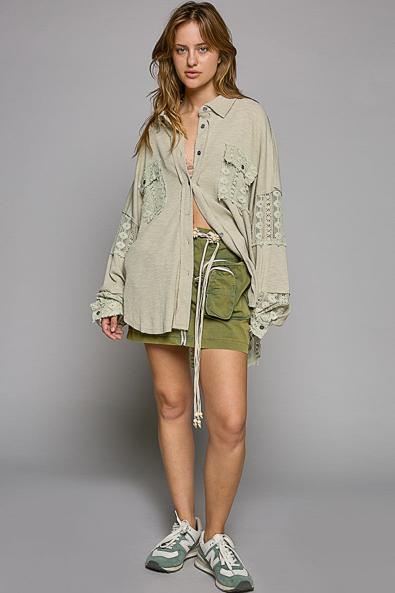 POL Lace Crochet Sleeve Button Down Slub Shirt Top