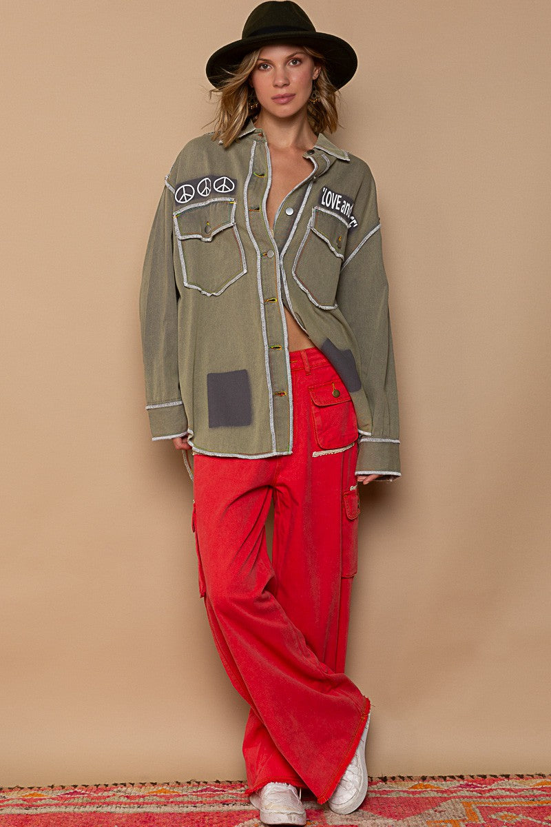 POL Vintage Wash Text Print Oversize Overlock Shirt Top