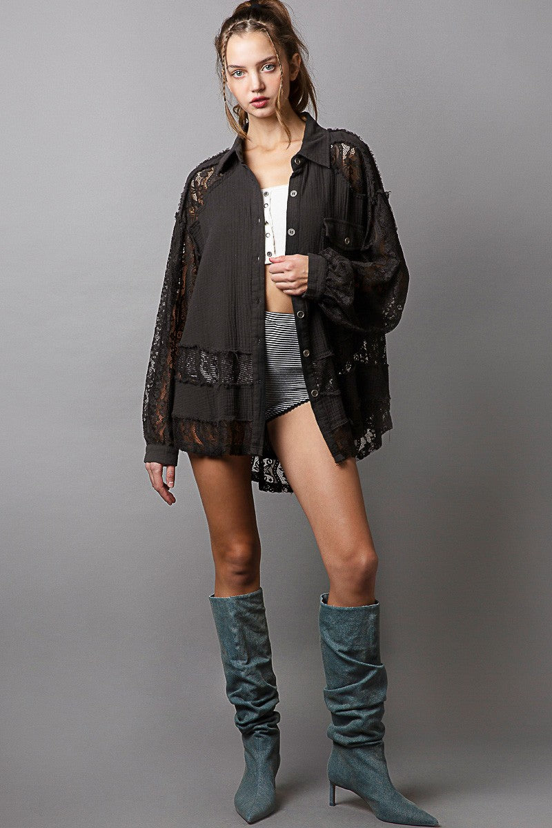 POL Oversize Lace Sleeve Contrast Button Down Shirt Top