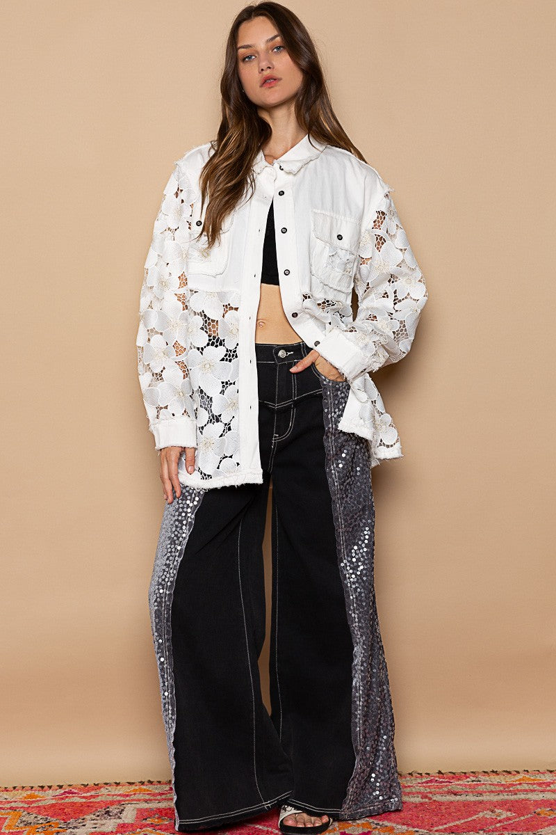 POL Oversize Lace Crochet Floral Pattern Shirt Top