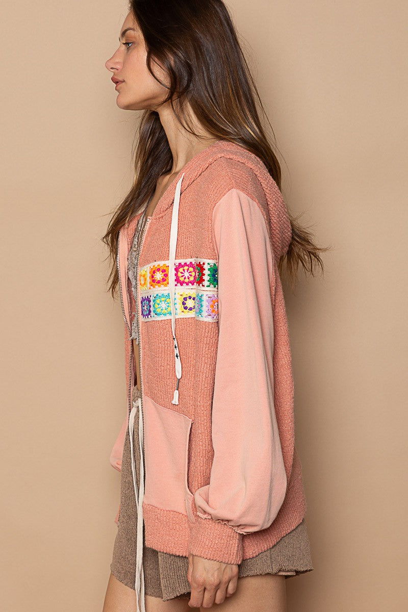 POL Contrast Square Patch Pattern Hooded Zipper Oversized Fit Jacket