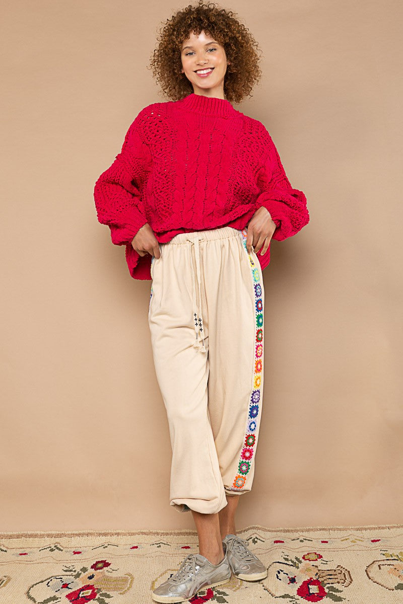 POL Mock Neck Balloon Sleeve Cable Knit Sweater Top