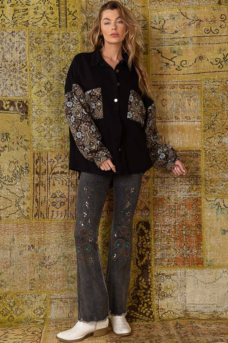 POL Contrast Jacquard Sleeve Button Down Relaxed Fit Shacket Jacket