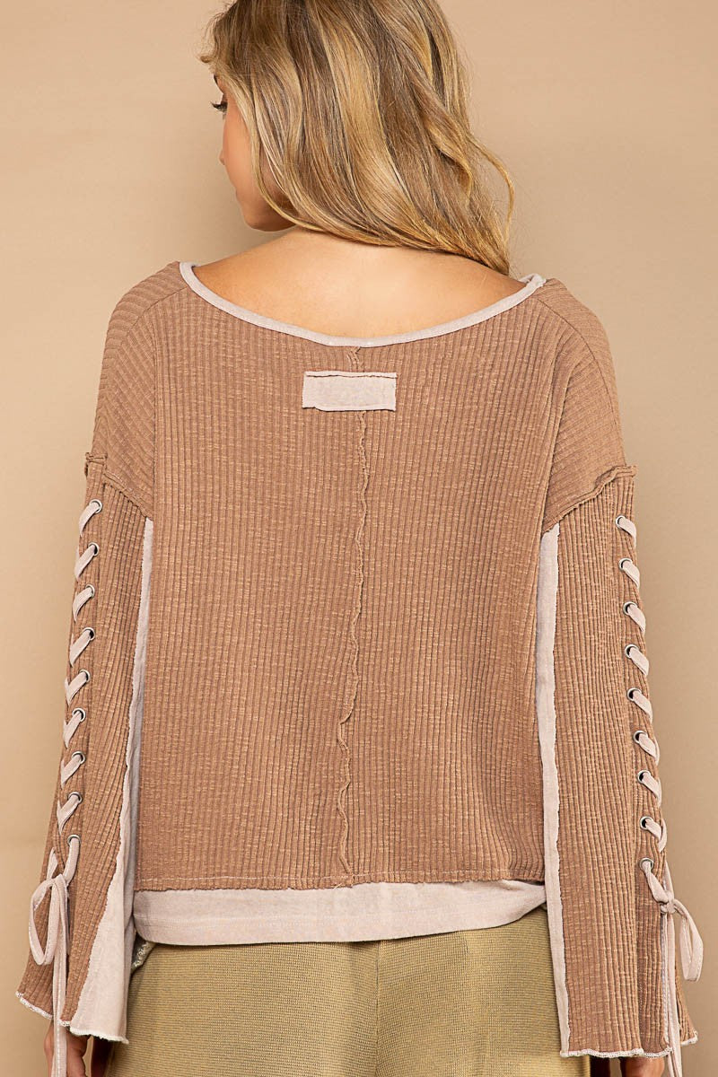 POL Notched Neck Lace-Up Sleeve Color Block Knit Top