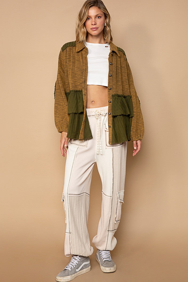 POL Multi Long Sleeve Cut Sew Sweater Knit Oversized Fit Henley frayed Top - Roulhac Fashion Boutique