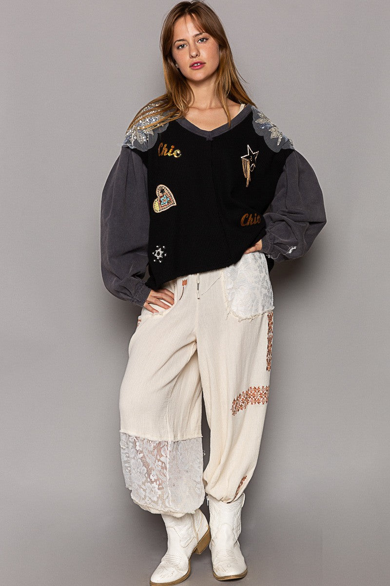 POL Glam Patches V Neck Contrast Long Sleeves Knit Top