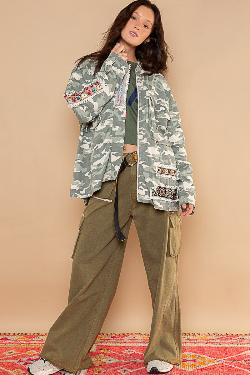 POL High Neck Zippered Utility Pockets Collar Military Jacket