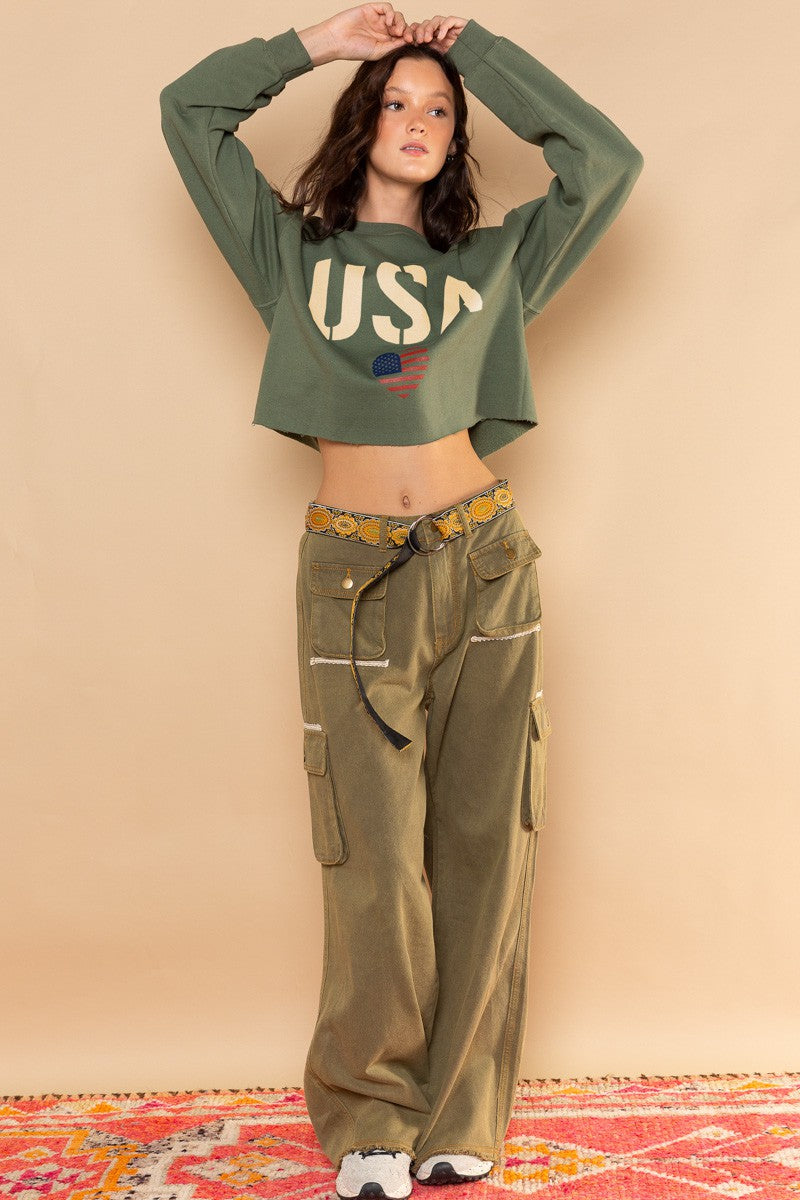 POL Patriotic Usa Print Crew Neck Cropped Sweatshirt Top