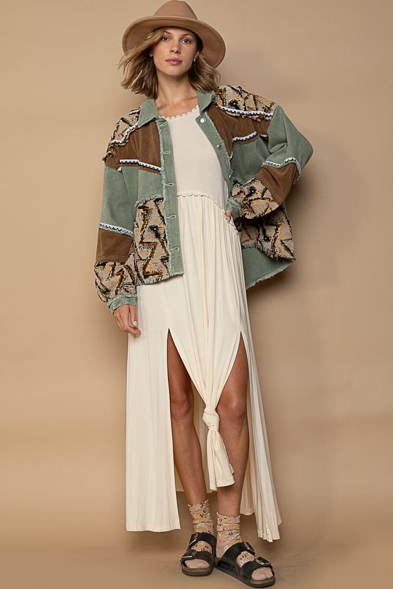 POL Button Down Color Block Contrast Print Shacket Jacket - Roulhac Fashion Boutique