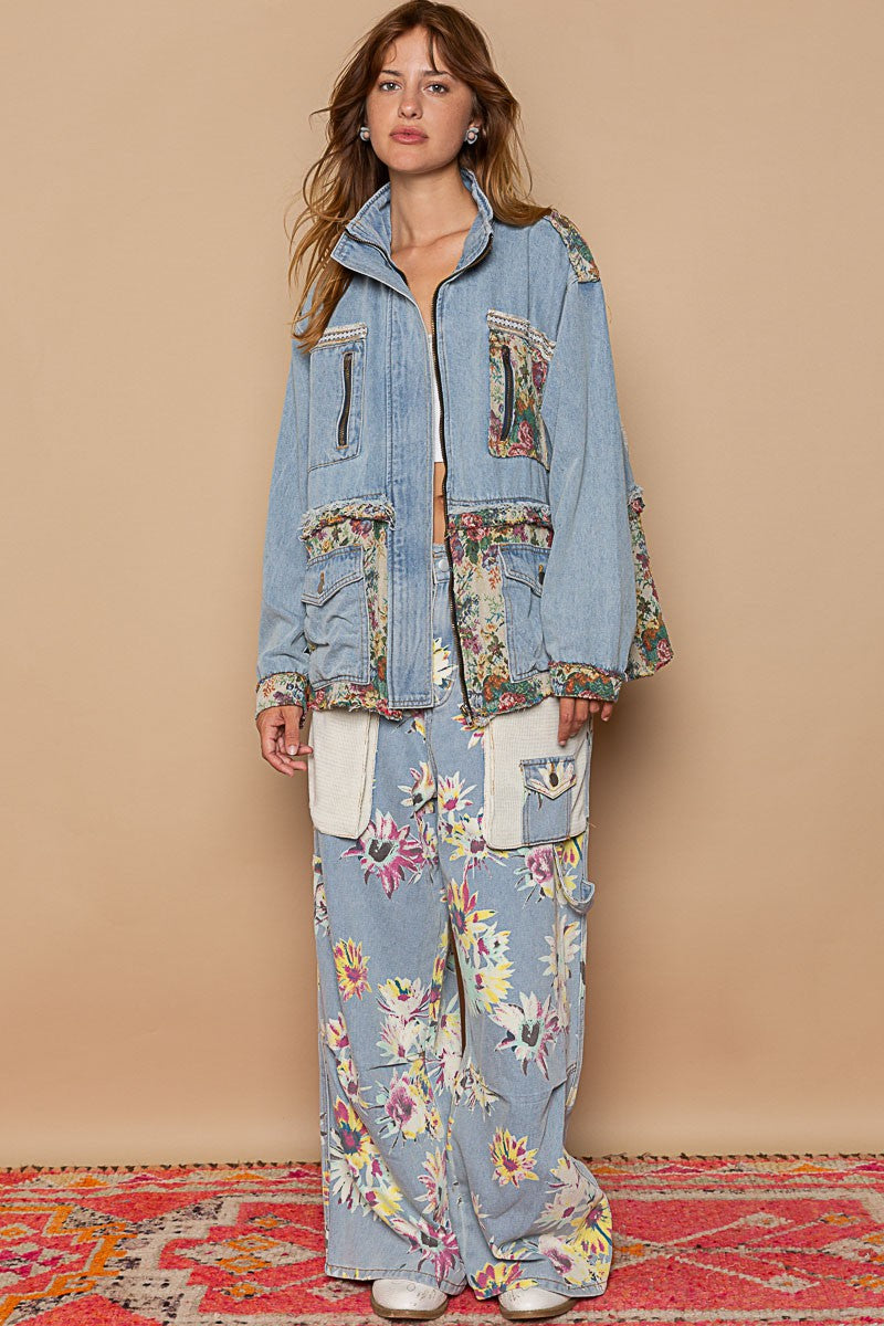 POL High Neck Long Sleeve Front Zipper Closure Denim Jacket - Roulhac Fashion Boutique