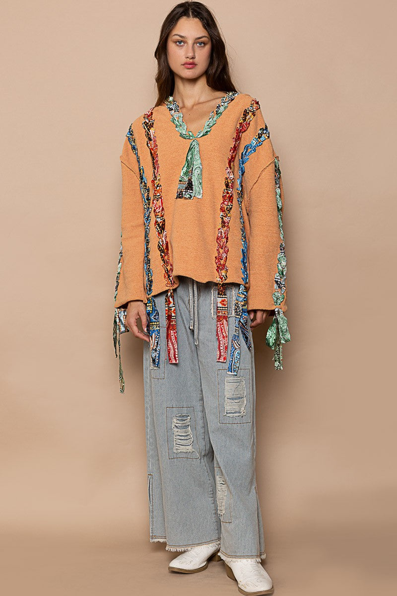 POL Artistic Colored Thread Peace Back Solid Sweater Top