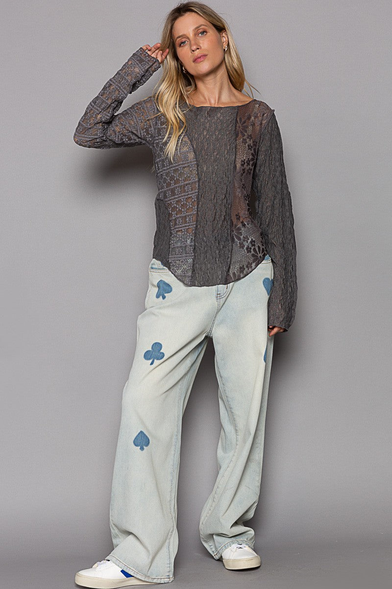 POL Boat Neck Long Sleeve Lace Fabric Solid Knit Top