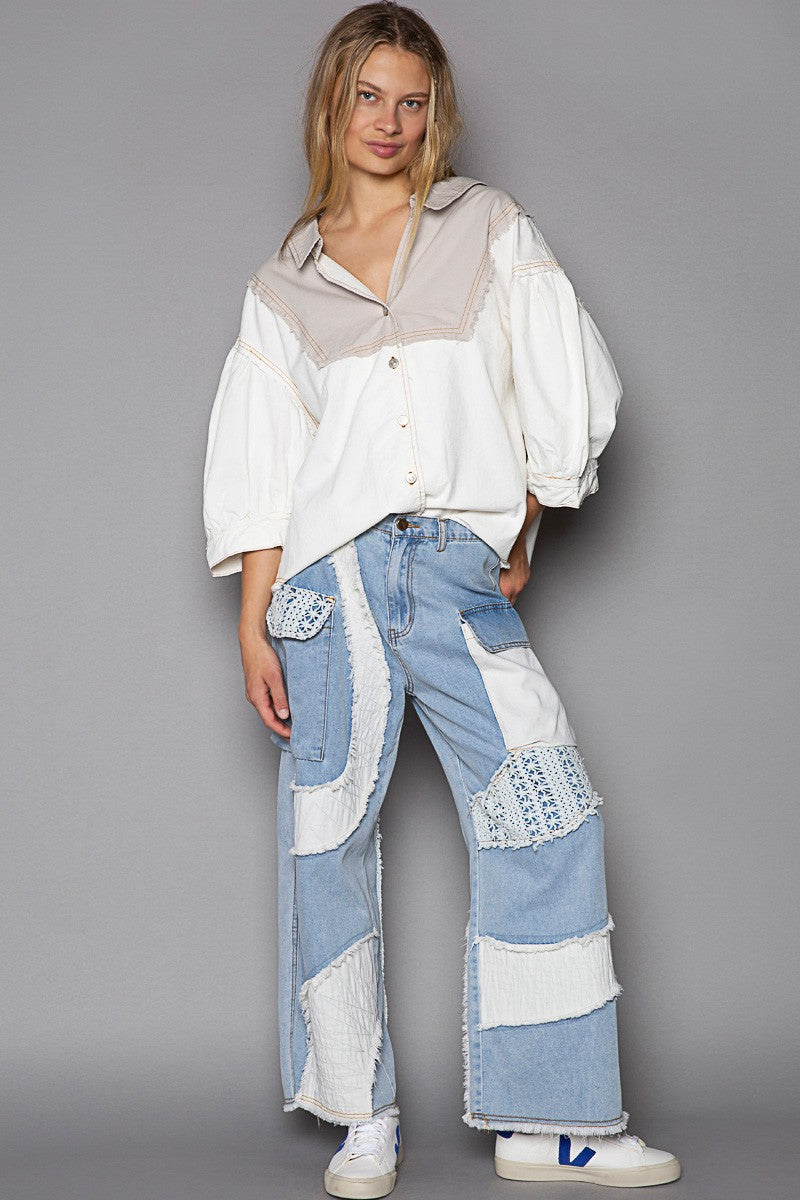 POL Color Block Button Down V Neck Balloon Sleeve Top